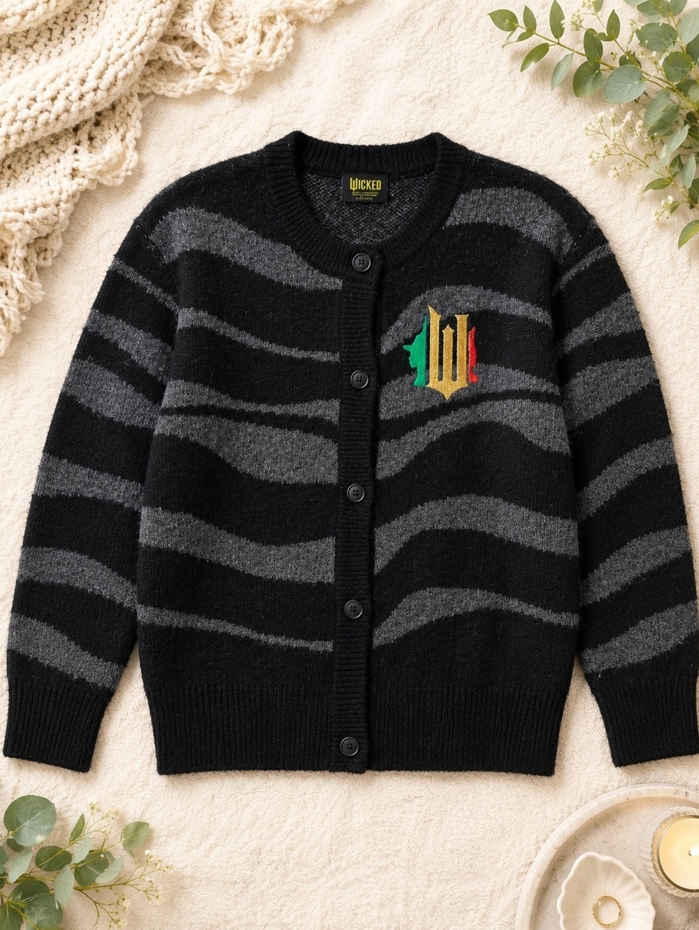Wicked Black and Gray Striped Knit Cardigan Small Button-Up